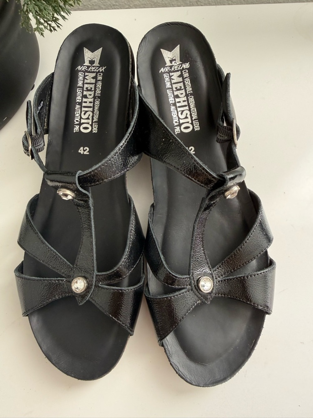 Mephisto Black Patent Leather T-Strap Sandals with Crystal Accents